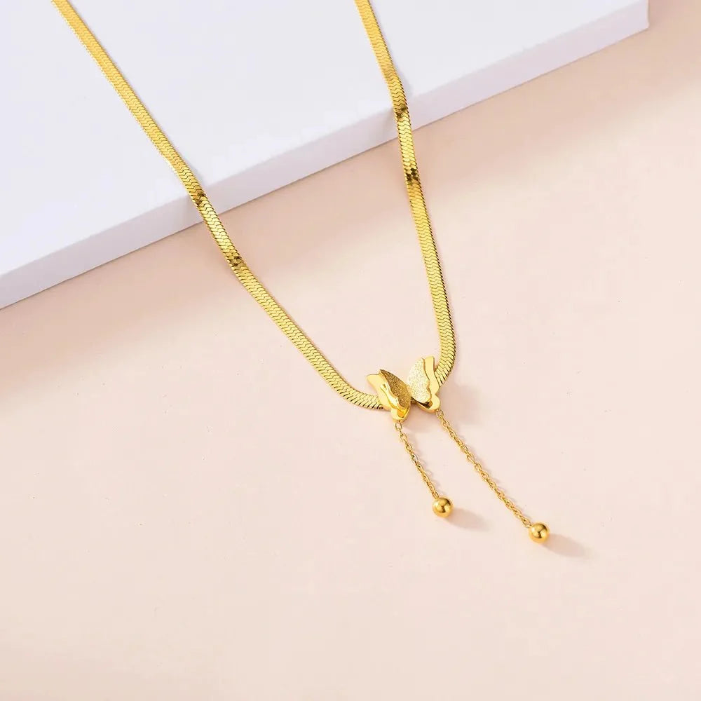 Dainty Herringbone Butterfly Dangle Necklace - Veinci