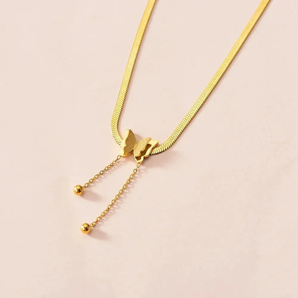 Dainty Herringbone Butterfly Dangle Necklace - Veinci