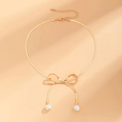 Dainty Herringbone Pearl Bow Necklace - Veinci
