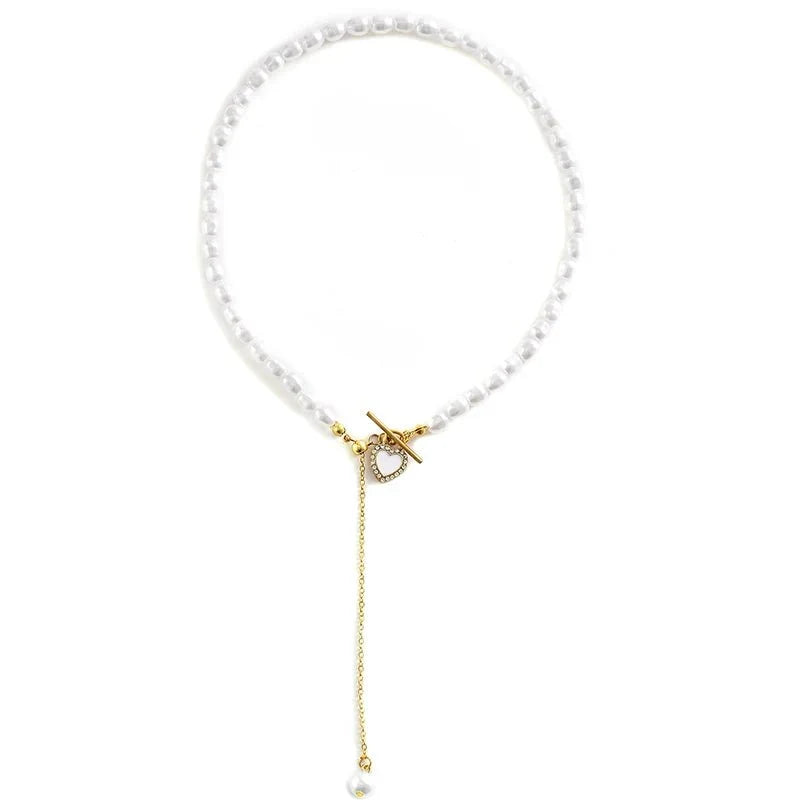 Dainty Pearl Drop Heart Clasp Choker Necklace - Veinci