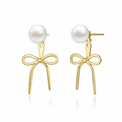 14K Pearl Accented Dangle Bow Earrings