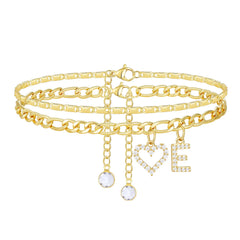 2-Piece 14K Letter Initial & Diamond Heart Anklet