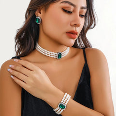 Elegant Pearl Diamond Necklace, Bracelet, and Earring Set - Veinci