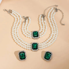 Elegant Pearl Diamond Necklace, Bracelet, and Earring Set - Veinci