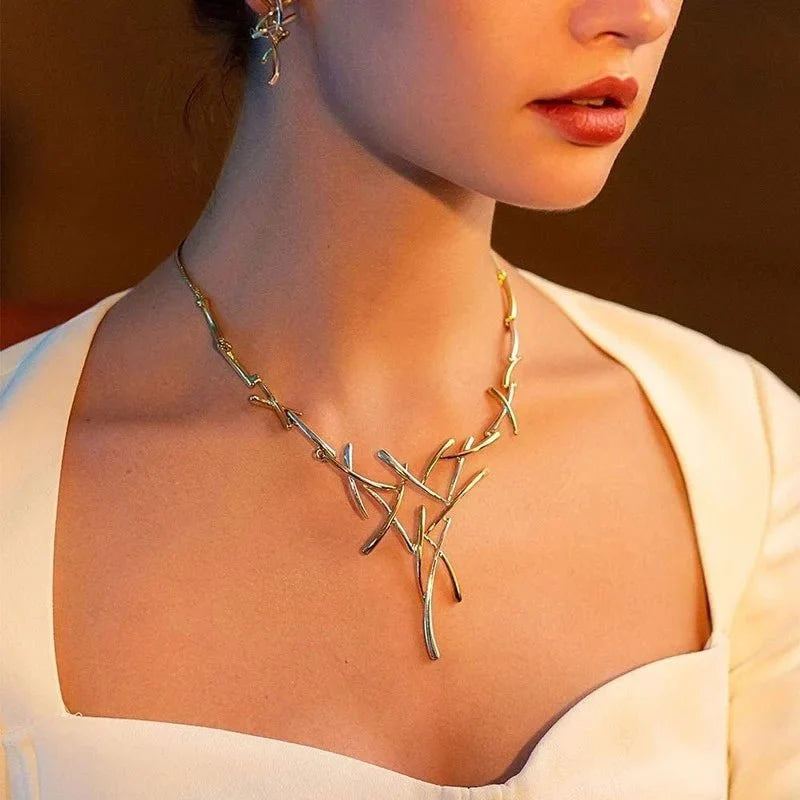 Elegant Two - Tone Branch Cross Necklace and Earring Set - Veinci