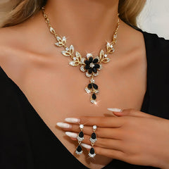 Floral Black and Gold Diamond Necklace and Earring Set - Veinci