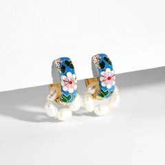 Floral Elegance Pearl Enamel Hoop Earrings - Veinci