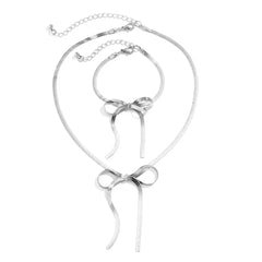 Herringbone Chain Bow Necklace and Bracelet Set - Veinci