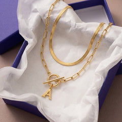 2-Piece Paperclip Initial Toggle Clasp & Herringbone Necklace Set