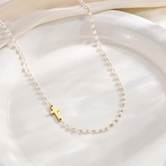 2-Piece Dainty Pearl & Cross Necklace & Bracelet Set