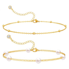 14K 2-Piece Dainty Pearl & Satellite Bracelet Stack