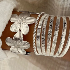 8-Piece Floral Accented Adjustable Textured Cuff Stack