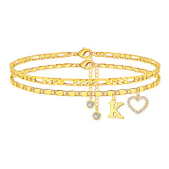 2-Piece 14K Letter Initial & Diamond Heart Anklet