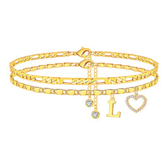 2-Piece 14K Letter Initial & Diamond Heart Anklet