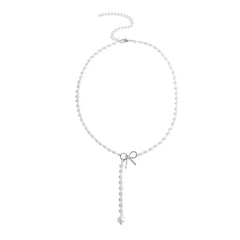 Pearl Dainty Bow Lariat Necklace - Veinci