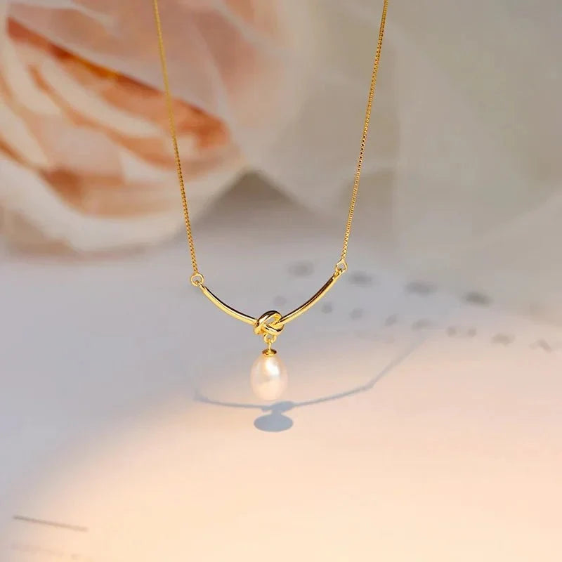 Pearl Drop Knot Dainty Chain Necklace - Veinci