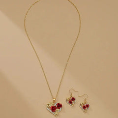 Romantic Heart Rose Diamond Necklace and Earring Set - Veinci