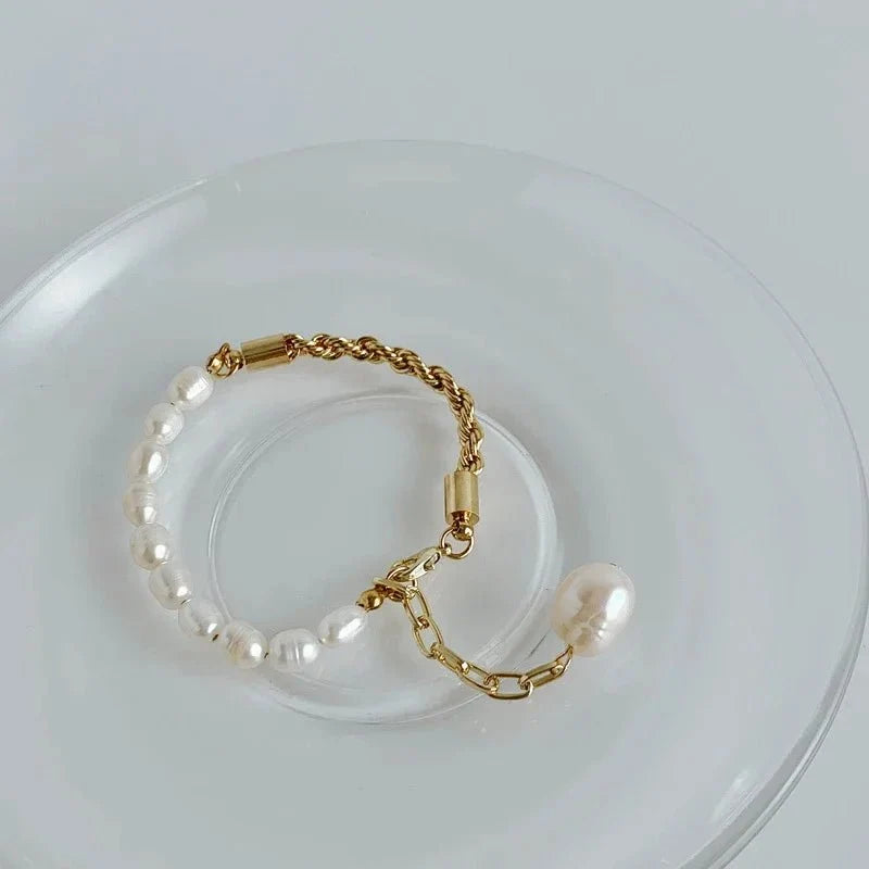 Rope Chain Pearl Contrast Bracelet and Necklace - Veinci