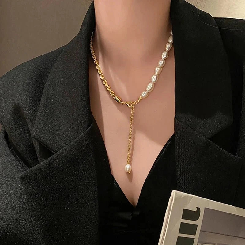 Rope Chain Pearl Contrast Bracelet and Necklace - Veinci