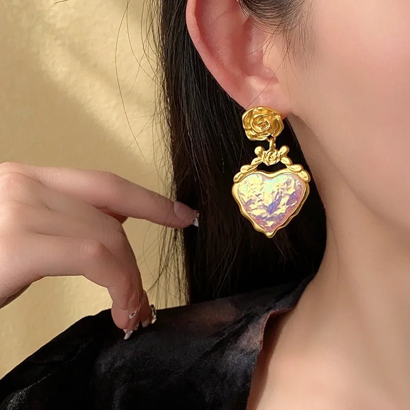 Rose Floral Enamel Heart Earrings - Veinci
