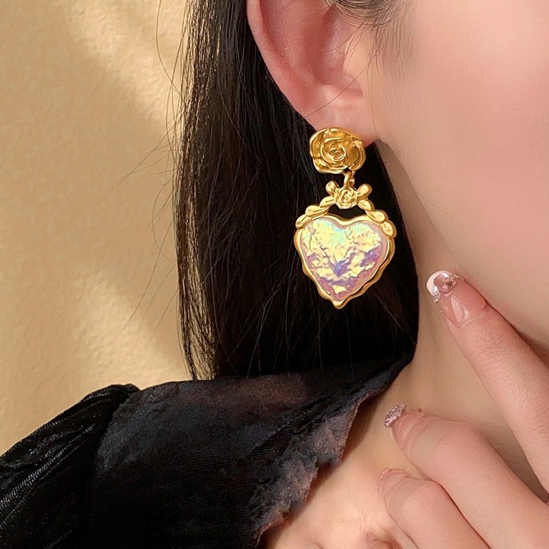 Rose Floral Enamel Heart Earrings - Veinci