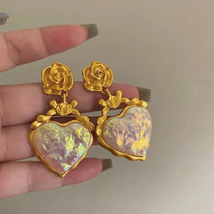 Rose Floral Enamel Heart Earrings - Veinci