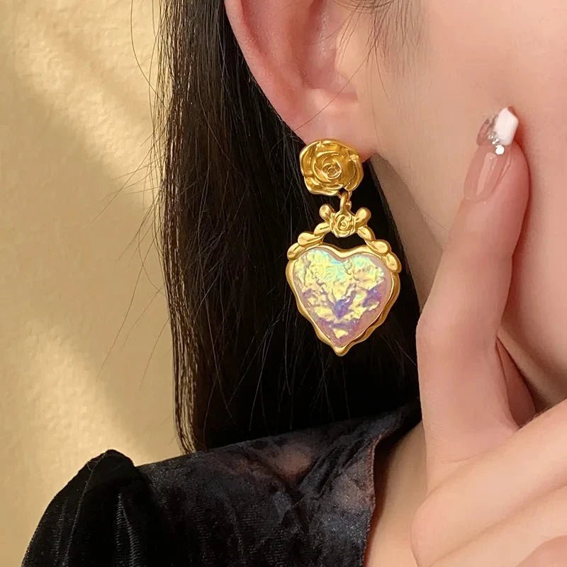 Rose Floral Enamel Heart Earrings - Veinci