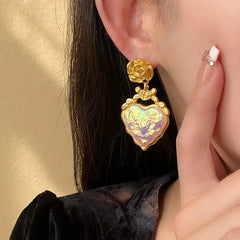 Rose Floral Enamel Heart Earrings - Veinci
