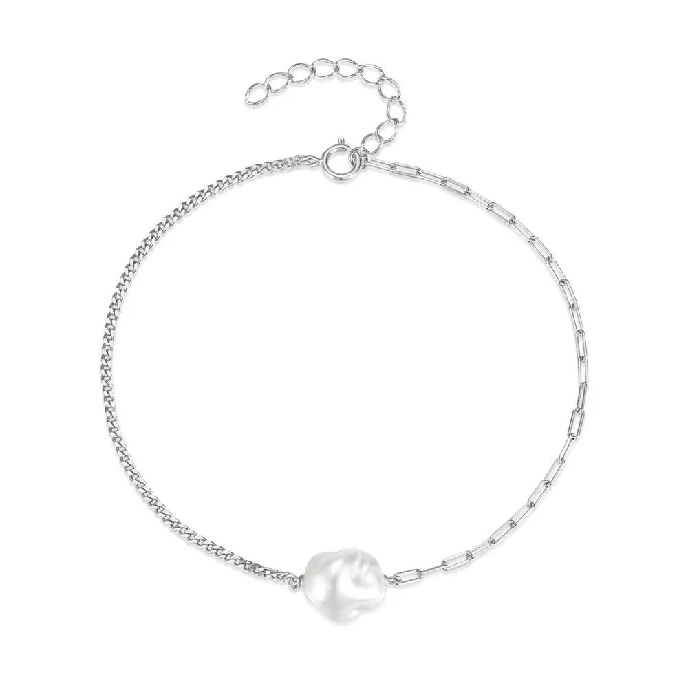 S925 Pearl Dainty Paperclip and Cuban Chain Bracelet - Veinci
