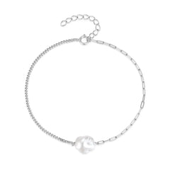 S925 Pearl Dainty Paperclip and Cuban Chain Bracelet - Veinci