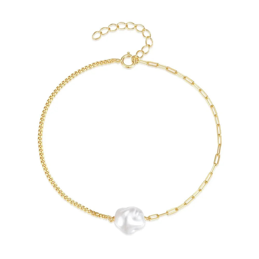 S925 Pearl Dainty Paperclip and Cuban Chain Bracelet - Veinci