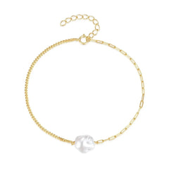 S925 Pearl Dainty Paperclip and Cuban Chain Bracelet - Veinci