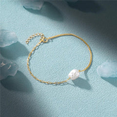 S925 Pearl Dainty Paperclip and Cuban Chain Bracelet - Veinci