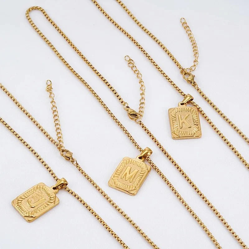 Textured Rectangle Letter Initial Necklace - Veinci