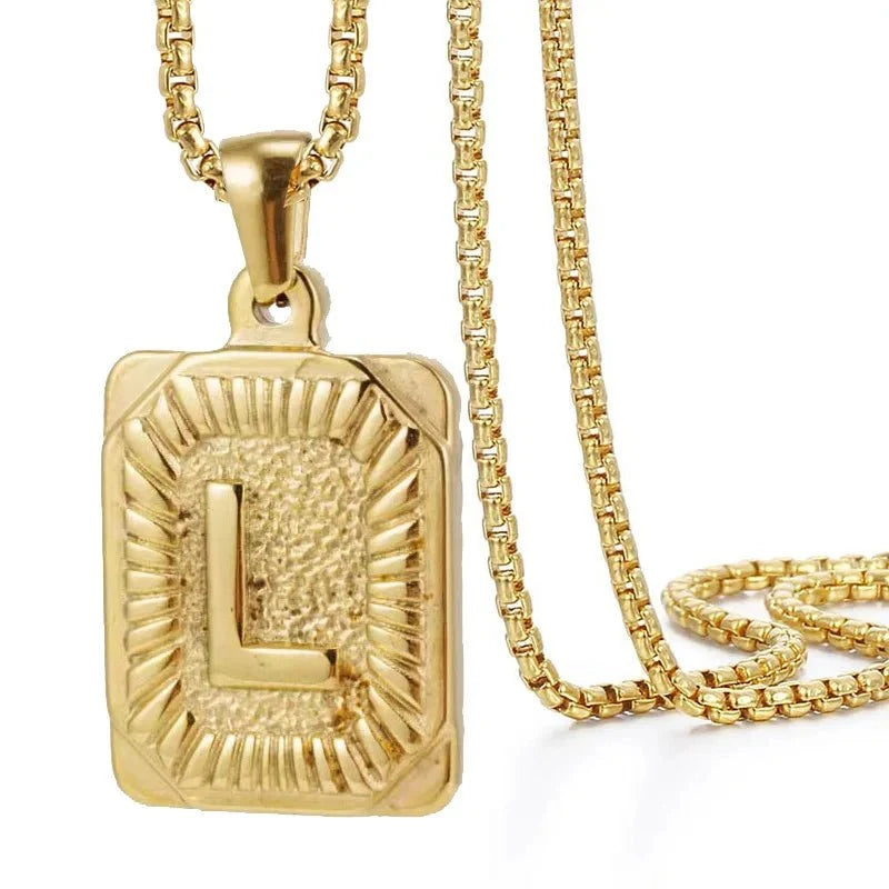 Textured Rectangle Letter Initial Necklace - Veinci