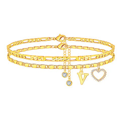 2-Piece 14K Letter Initial & Diamond Heart Anklet