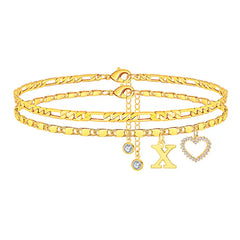 2-Piece 14K Letter Initial & Diamond Heart Anklet