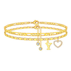 2-Piece 14K Letter Initial & Diamond Heart Anklet