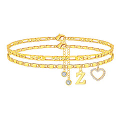 2-Piece 14K Letter Initial & Diamond Heart Anklet