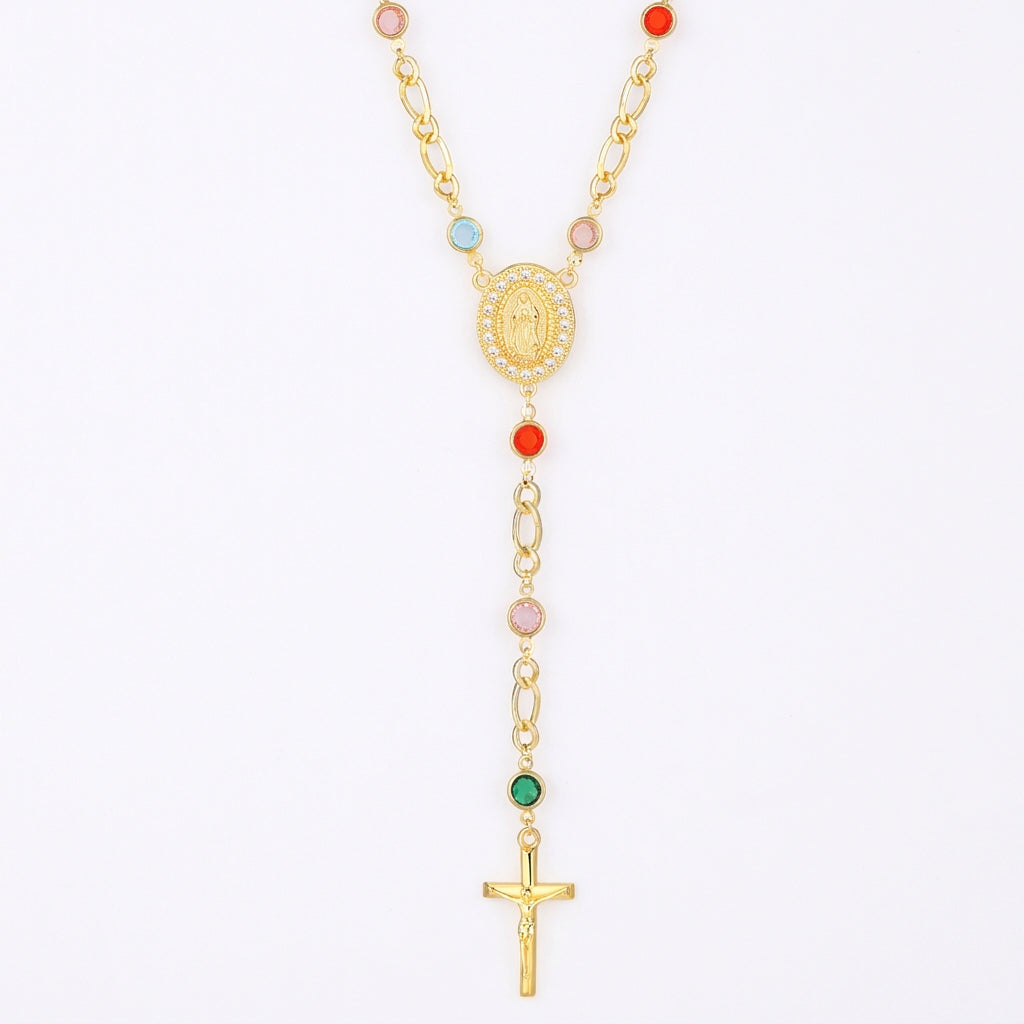 18K Figaro Rosary Virgin Mary Cross Lariat Necklace