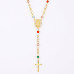 18K Figaro Rosary Virgin Mary Cross Lariat Necklace