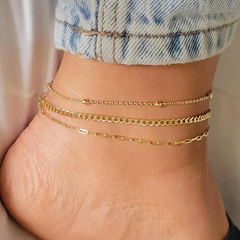 3-Piece Elegant Satellite, Paperclip, Curb Chain Anklet Set