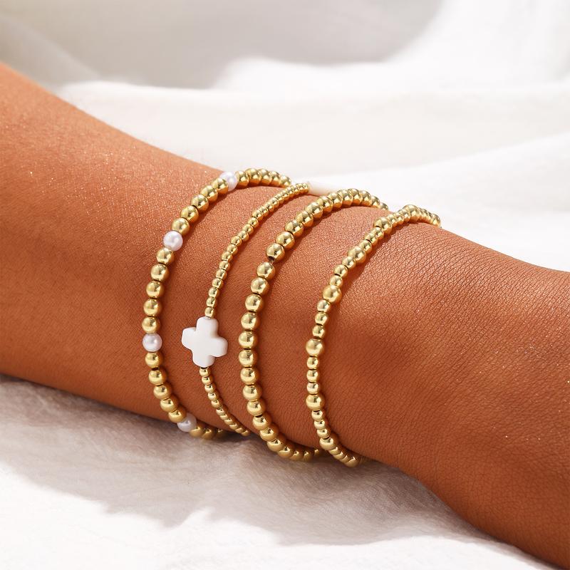 14K 4-Piece Beaded Cross Bracelet Stack