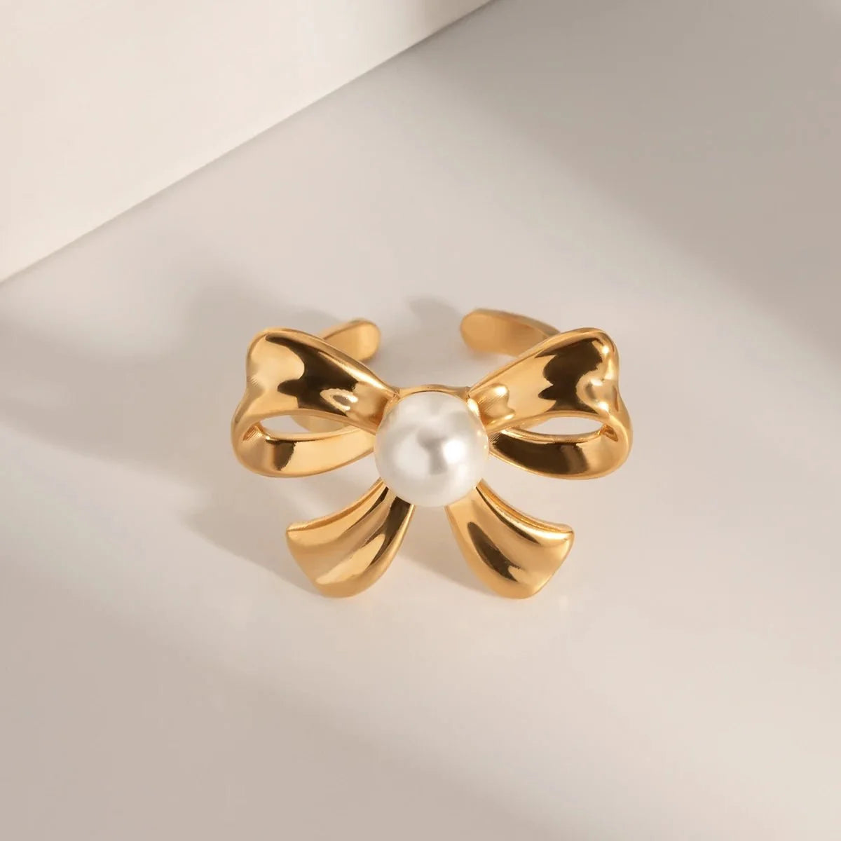 18k Dainty Bow Pearl Center Necklace, Earring, Ring Set - Veinci