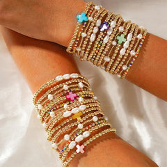 5-Piece Colorful Boho Pearl & Cross Beaded Bracelet Stack