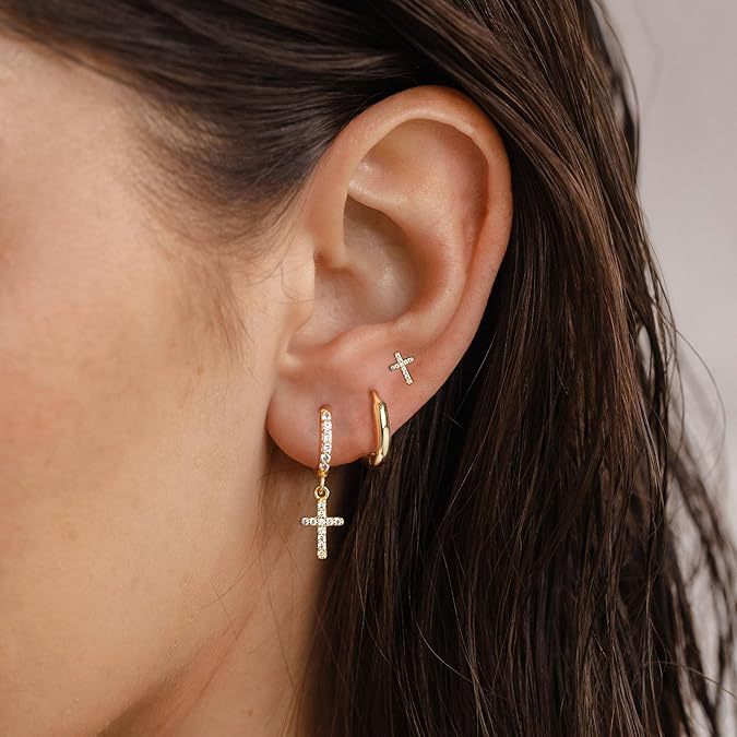 14K 3-Piece Dainty Cross Earrings Stack