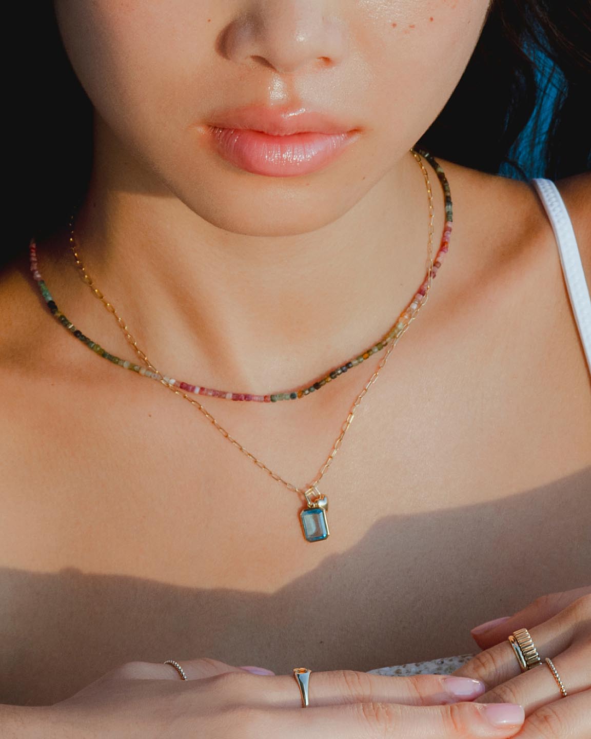 Solid Yellow Gold - Blue Topaz Spritz Necklace