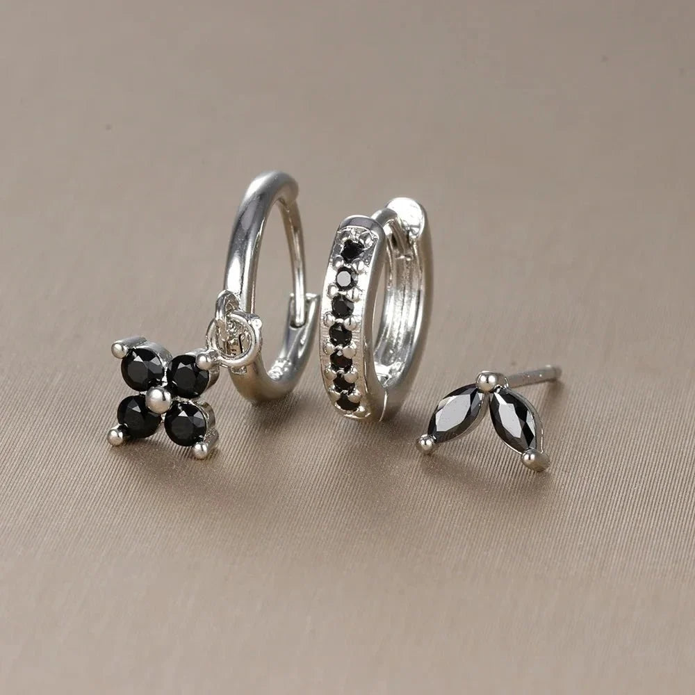3pc Dainty Floral Huggie Whale Earrings Set - Veinci