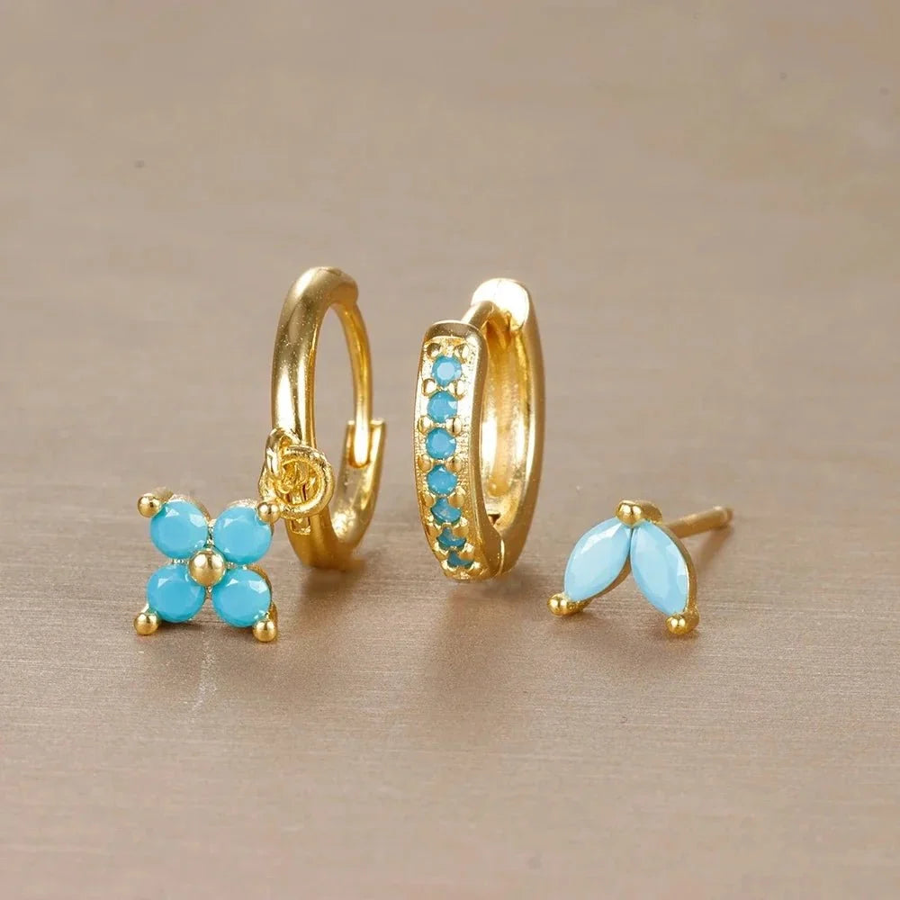 3pc Dainty Floral Huggie Whale Earrings Set - Veinci