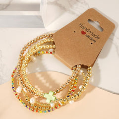 5-Piece Colorful Boho Pearl & Cross Beaded Bracelet Stack